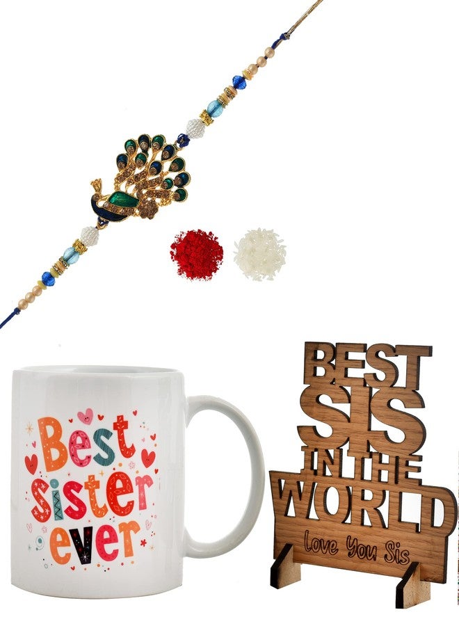 Pride Store Presents Best Rakhshabandhan Combo for Sister - Beautifully Designed Peacock Rakhi for Sister | Rakhi Gift for Sister | "Best Sister Ever" Printed Coffee Mug | "Best Sis In The World" Wooden Showpiece | Heartfelt Quoted Greeting Card comes with Roli and Chawal | Gifts for Sister, Didi, Bahen, Rakhi Gift Combo - Image 1